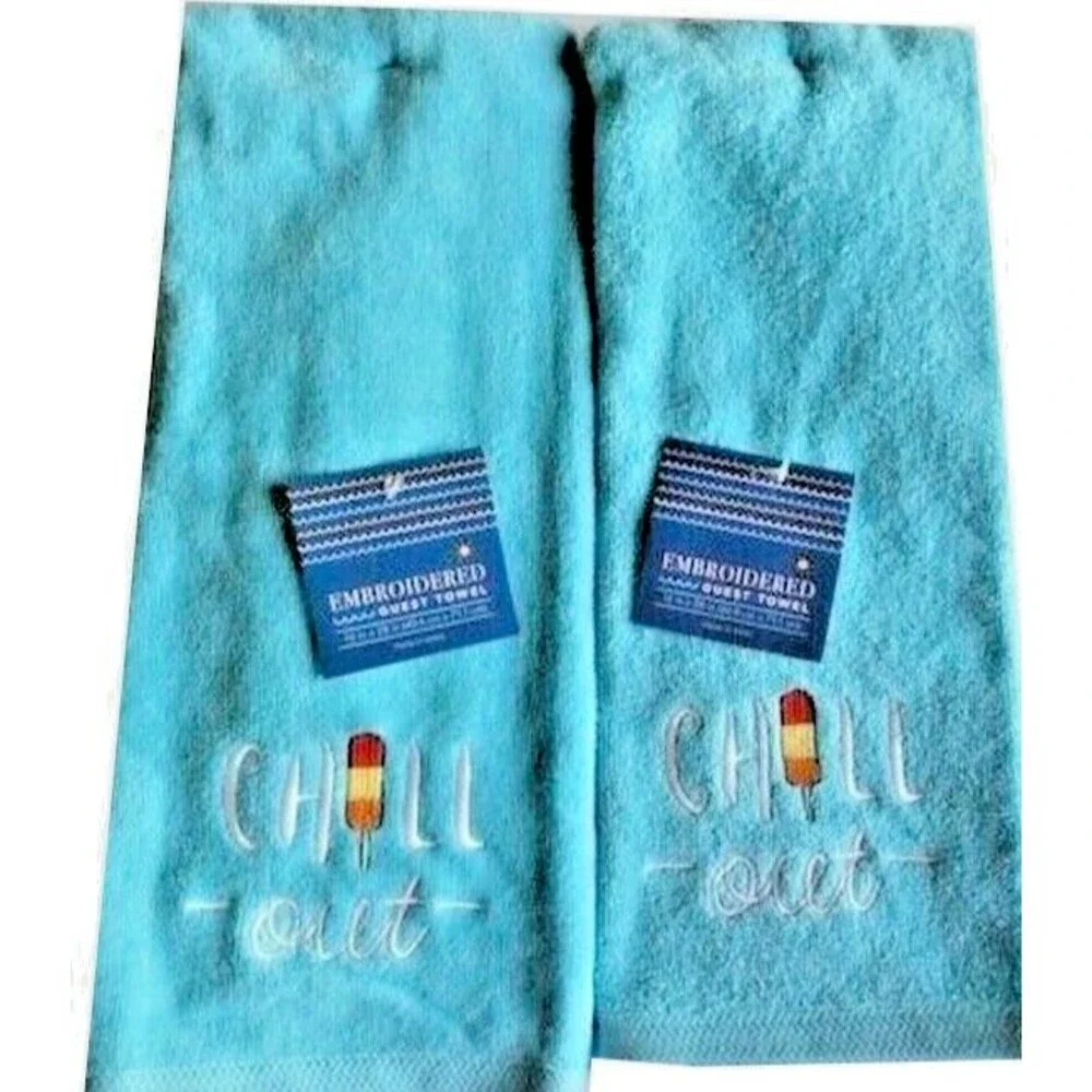 Chill Out Hand Towels Embroidered Summer Beach House Guest Blue Set of 2